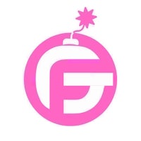 a pink logo with a star in the middle